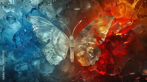 Frozen Flames interpretation of a butterfly where the contradictory elements of ice and fire merge in contrasting colors of ice blue and fiery red photo