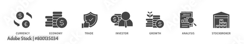 Forex icons set collection illustration of currency, economy, trade, investor, growth, analysis and stockbroker icon live stroke and easy to edit 