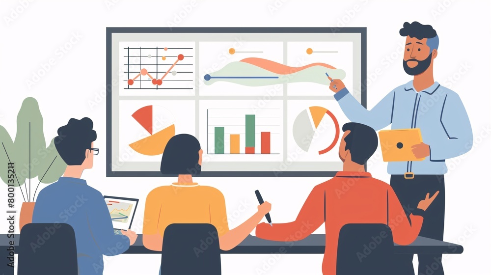 Conference Business Meeting Presentation: CEO Businessman Shows Data to Group of Investors, Businesss people. Projector Screen Shows Graphs, Product Sales, Revenue Growth Strategy, e-Commerce Analysis Conference Business Meeting Presentation: CEO Businessman Shows Data to Group of Investors, Businesss people. Projector Screen Shows Graphs, Product Sales, Revenue Growth Strategy, e-Commerce Analysis