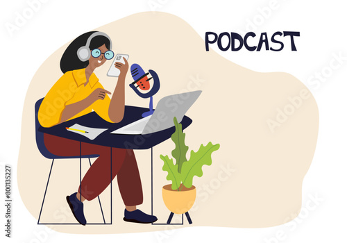 Radio host with table laptop mic pencil flat vector illustration. Female podcaster holding phone, speaking to mic, broadcaster at workspace.