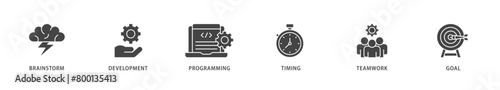 Hackathon icons set collection illustration of brainstorm, development, programming, timing, speed, teamwork, and goal icon live stroke and easy to edit 