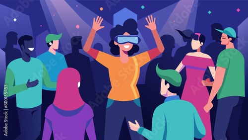 A virtual reality simulation of a crowded party allowing someone with social anxiety to gradually build their confidence in social settings.. Vector illustration