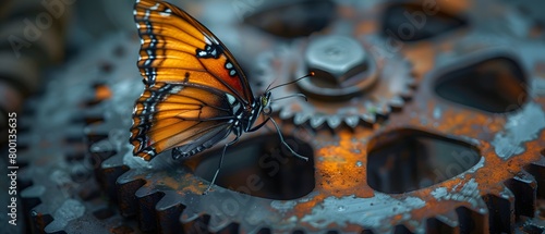 A macro shot of a delicate butterfly perched atop a metallic gear, its vibrant wings contrasting with the industrial texture, creating a visually striking juxtaposition of organic and inorganic elemen photo