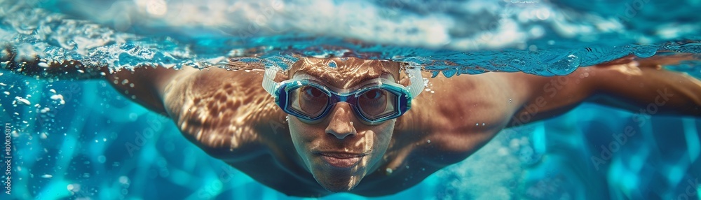 An underwater shot captures a focused swimmer wearing goggles