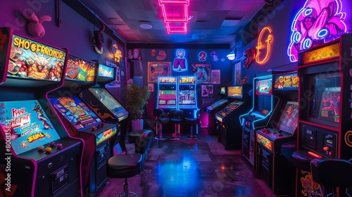 A vibrant retro arcade room glows with neon lights © Creative_Bringer