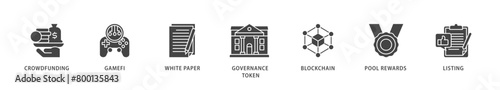 IGO icons set collection illustration of crowdfunding, gamefi, white paper, governance token, blockchain, pool rewards and listing icon live stroke and easy to edit 