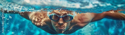 An underwater shot captures a focused swimmer wearing goggles