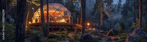 Geodesic dome in forest twilight