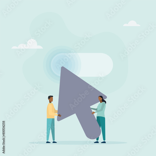 Tiny people with a huge mouse arrow. Cursor pointer sign. Click the button here. Internet concept. Flat style. Vector illustration. 