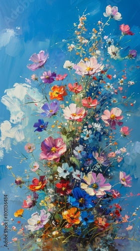 Oil painting, a bunch of small flowers, blue sky, vivid colors. ai generated