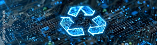Recycle symbol hologram over neon blue circuit board future tech