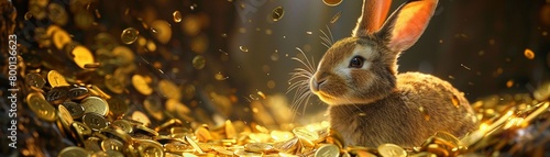 Rabbit in gold coin burrow magical glow photo