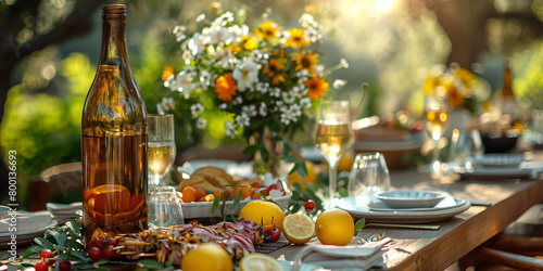 An exquisite outdoor banquet with elegant table settings and floral arrangements amidst nature's beauty