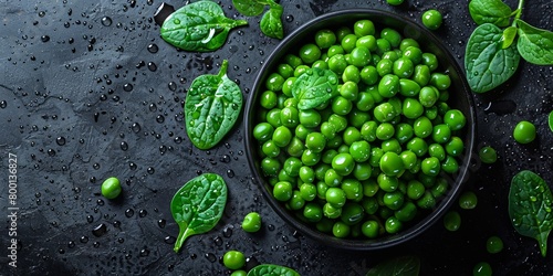 A table displays a bowl of freshly shelled green peas, their vibrant hue promising freshness and nutrition © Iryna