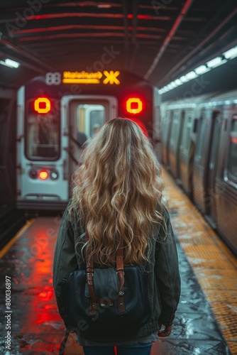 A young woman stands on the platform, awaiting her train in the urban subway station