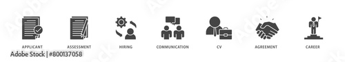 Job interview icons set collection illustration of applicant, assessment, hiring, communication, cv, agreement and career icon live stroke and easy to edit 