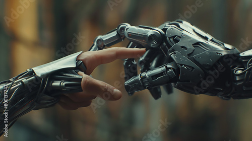 An emotional moment frozen in time as a human finger brushes agnst the metallic finger of a robot, depicting the potential for genuine affection and connection in a digital age.