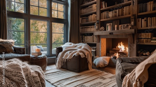 A cozy fireplace nook with plush seating, oversized throw blankets, and built-in bookshelves.