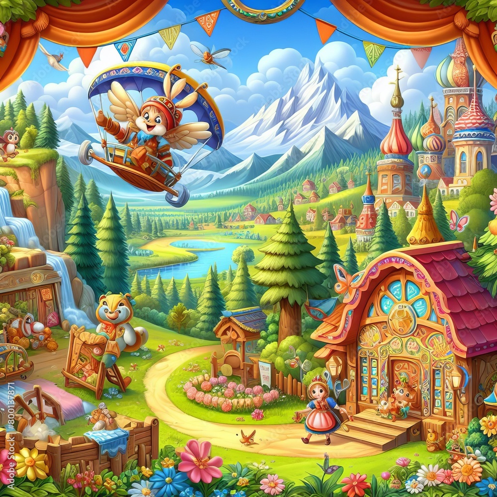 A playful cartoon background of whimsical characters and colorfu