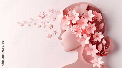 Beautiful woman face with pink flowers on white background. 3d rendering. Mother's day celebration card. © korkut82