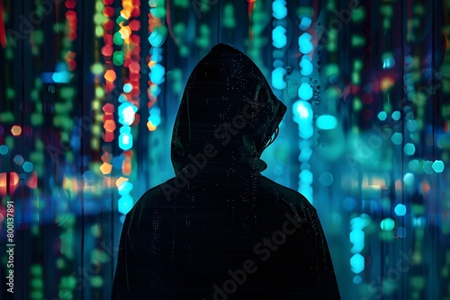 An illustration of a silhouetted figure in a hoodie against a vibrant backdrop of bokeh lights in neon blue and green, creating a mysterious and tech-inspired atmosphere