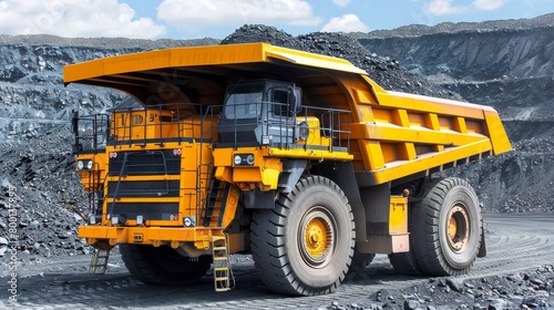 Large yellow mining truck in coal quarry for extractive industry in open pit mine