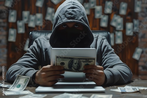 A photo capturing a hooded and masked individual holding a tablet that displays a dollar bill, real money scattered around on the desk, implying illicit financial gain, possibly through cybercrime photo