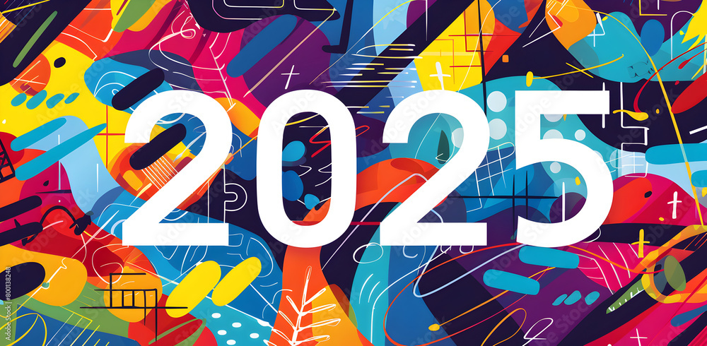 Fototapeta premium A colorful background with the number 2025 in white. The background is full of different colors and shapes, giving it a lively and energetic feel. Generative AI