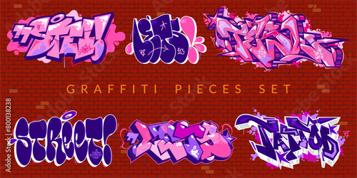 Trendy Abstract Colorful Urban Graffiti Pieces Or Street Art Lettering Vector Illustration Set