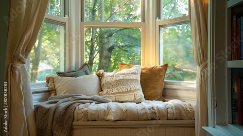 A cozy window alcove with a cushioned bench, throw blankets, and floor-to-ceiling curtains. photo