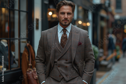 Sartorial Sophistication: A discerning professional exudes refinement in a tailored three-piece suit, showcasing their impeccable sense of style and attention to detail. Paired wit photo