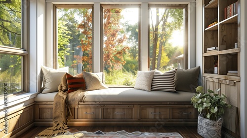 A cozy window seat with built-in storage, plush cushions, and a view of the outdoors. photo