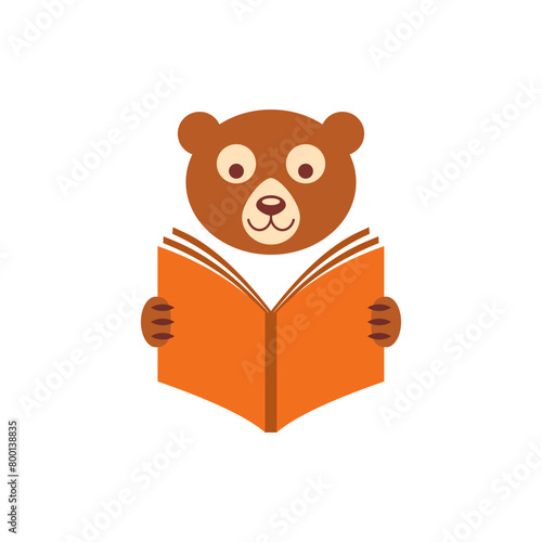 Brown bear with glasses reading a book and holds her in his paws. Color vector on white background. © Siarhei