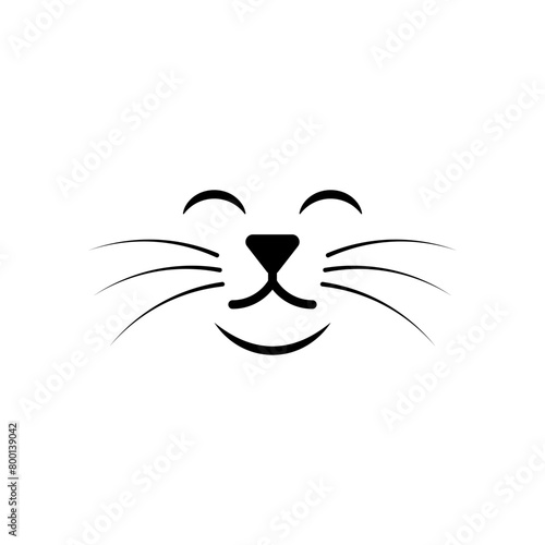 Smiling cat face with closed eyes. Separate cat nose, mouth and a long mustache. Isolated vector silhouette on white background.