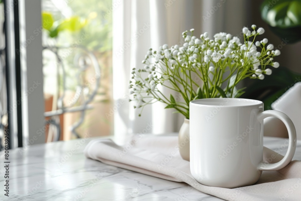 White Blank Mug Mockup in Photographic Scene created with Generative AI White Blank Mug Mockup in Photographic Scene created with Generative AI