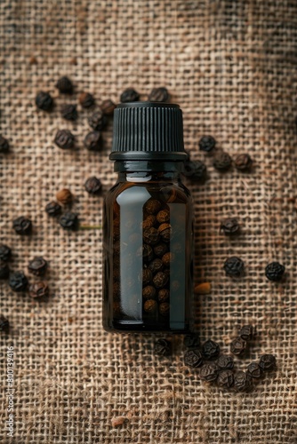 black pepper essential oil on burlap background. selective focus