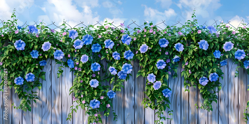  Morning glory vines weaving through a rustic wooden fence for Your Garden with the Beauty of Morning Glories Twining Along a Rustic Fence background and wallpaper and outdoor blue sky background   
  photo