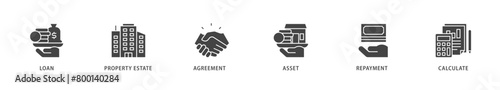 Mortgage icons set collection illustration of loan, property estate, agreement, asset, repayment and calculate icon live stroke and easy to edit 