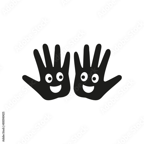 Two palms of hands together with cartoon faces smiling at each other. Vector silhouette. 