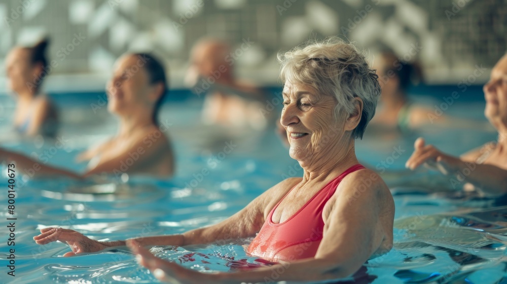 Fototapeta premium Portrait of senior female having group aqua training class in gym
