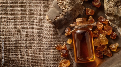 myrrh essential oil on burlap background. selective focus