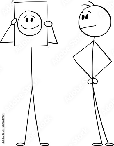 Show or hide your real emotion smile, vector cartoon stick figure or character illustration.