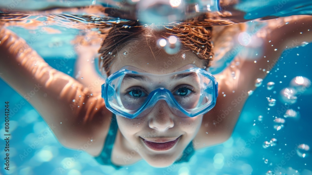 Underwater portrait of happy female in swimming pool.