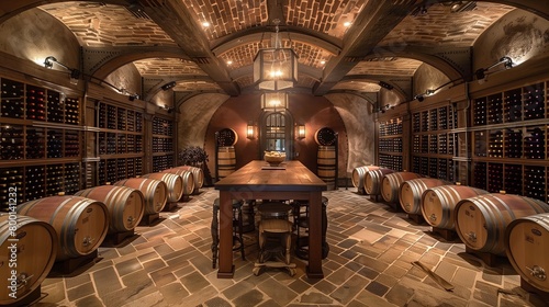 A stylish wine cellar with climate-controlled storage, rustic wine barrels, and tasting area.