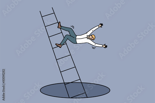 Loser man falls from career ladder into abyss, risking injury due to careless actions. Accident with guy who fell down career ladder after start of labor market crisis and wave of layoffs