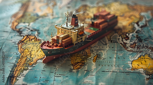 Container ship model on world map, transcontinental transportation or globalization concept image © photo for everything