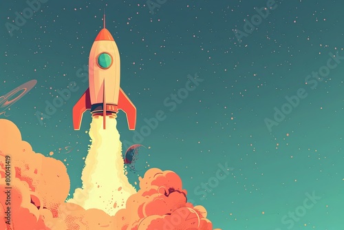 1d Rocket, simple style, cartoon sense, prominent theme, solid color background, banner with copy space 
