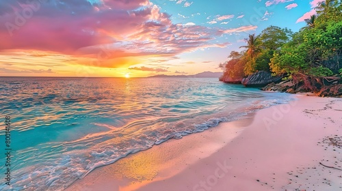 Sunset over a tropical beach with vibrant skies and gentle waves washing ashore. 