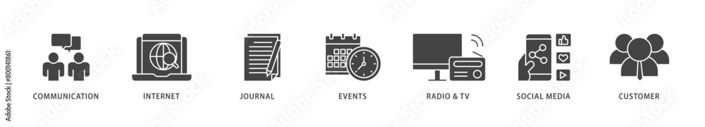 Public relations icons set collection illustration of communication, internet, journal, events, radio, tv, social media, and customer icon live stroke and easy to edit Public relations icons set collection illustration of communication, internet, journal, events, radio, tv, social media, and customer icon live stroke and easy to edit