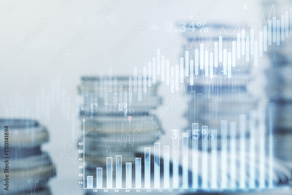Abstract virtual financial graph hologram on stacks of coins background, forex and investment concept. Multiexposure Abstract virtual financial graph hologram on stacks of coins background, forex and investment concept. Multiexposure